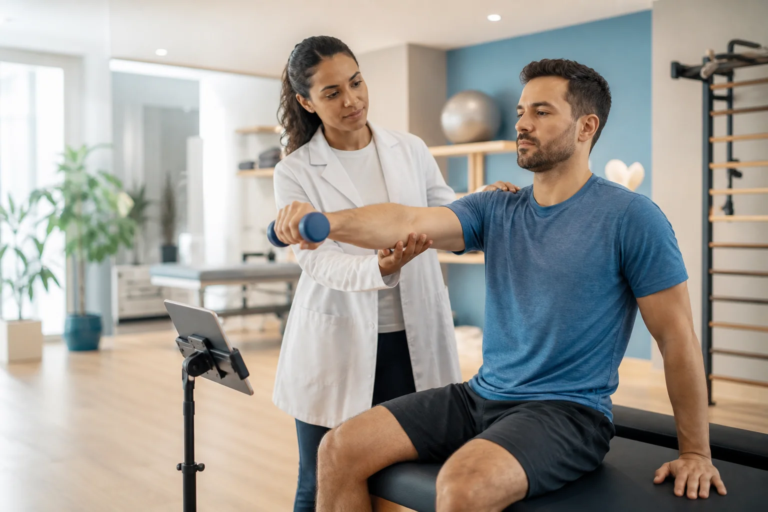 Fisioterapeuta acompanhando exercício de reabilitação de paciente