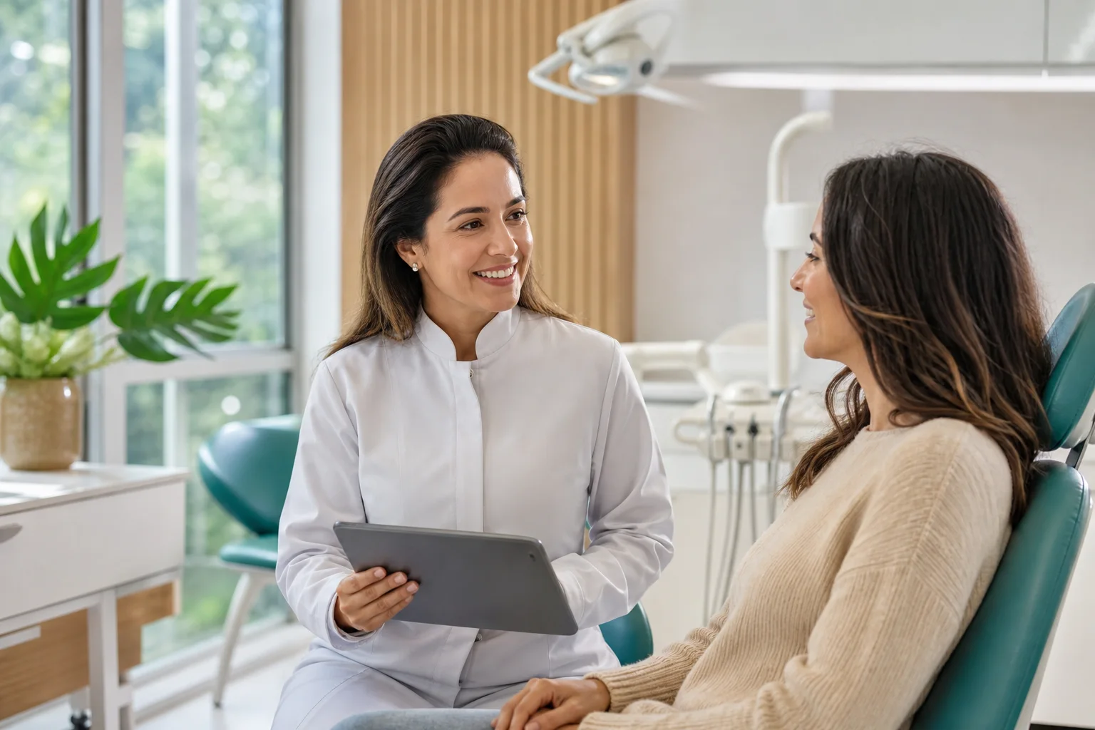 Dentista conversando com paciente em uma clínica moderna