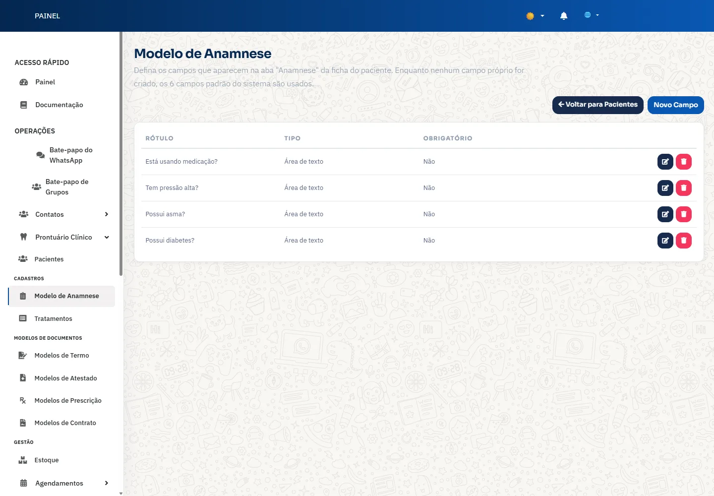 Tela do NextBot: Anamnese configurável