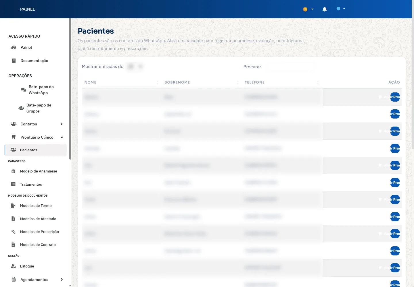Tela do NextBot: Pacientes organizados