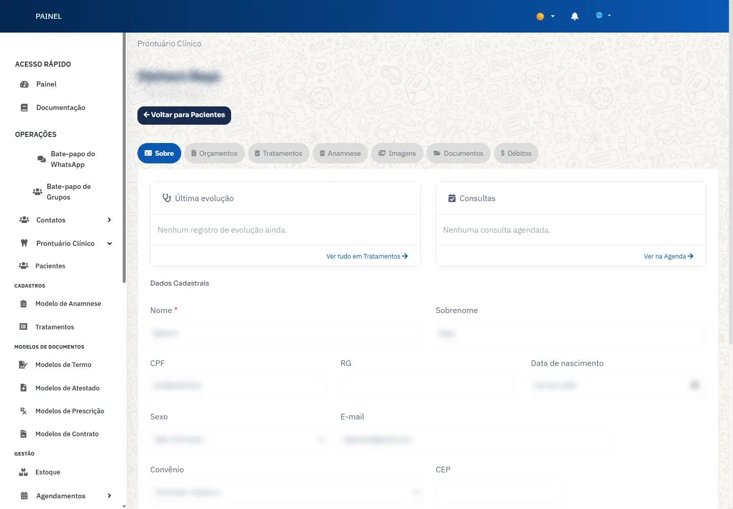 Tela do NextBot: Prontuário completo